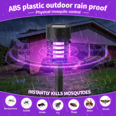 4 Pack Solar Bug Zapper For Outdoors With LED Lights Waterproof Grid Cylinder Mosquito Killer High Voltage Electric Zapper displayed in garden setting with purple light and rain