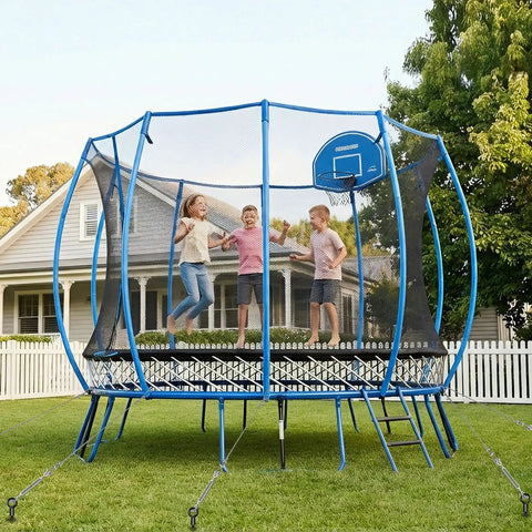 Kids playing on a large backyard trampoline with safety net enclosure.