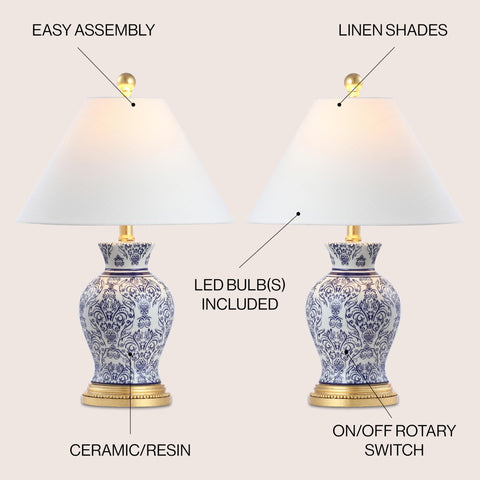Blue And White Chinoiserie Ceramic Floral Table Lamp Set Of 2 With Linen Shade, 21 Inch Vase Style, modern traditional lighting