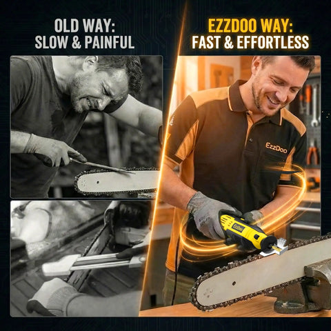 Comparison of old manual chainsaw sharpening methods versus use of Handheld Electric Chainsaw Sharpener Kit With 6 Titanium Coated Diamond Bits For On The Bar Sharpening, No Chain Removal Needed, Quick Easy And No Fuss Chainsaw Sharpening Tool For All Chain Sizes