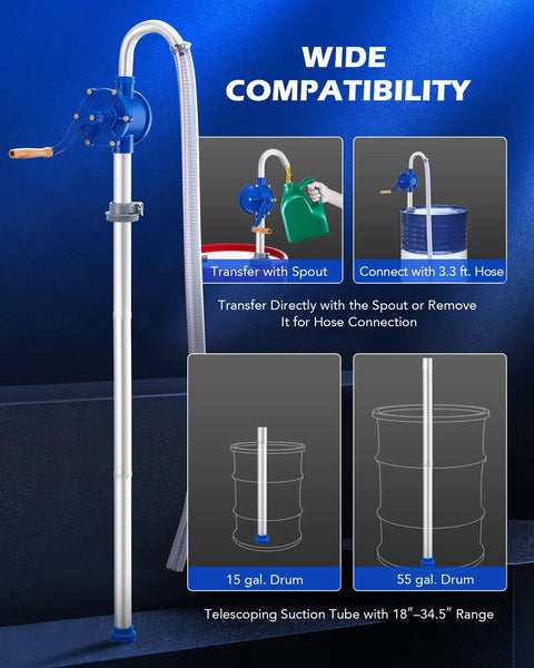 Heavy Duty Hand Crank Drum Pump Uses Adjustable Telescoping Suction Tube To Handle Five To Fifty Five Gallon Drums For Fast Oil And Fuel Swaps Zero Drama Guaranteed with spout and hose options.