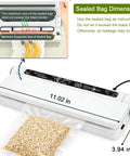 Powerful 75KPa Vacuum Sealer for food with digital timer, one touch operation sealing a bag of rice, dimensions shown.