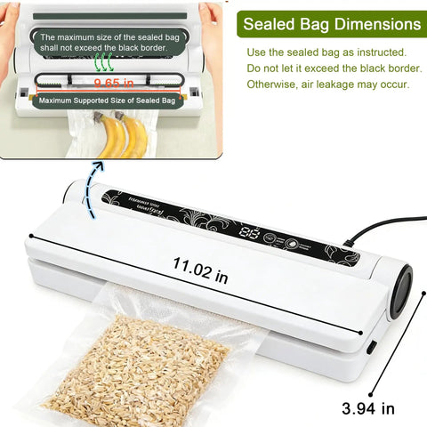 Powerful 75KPa Vacuum Sealer for food with digital timer, one touch operation sealing a bag of rice, dimensions shown.