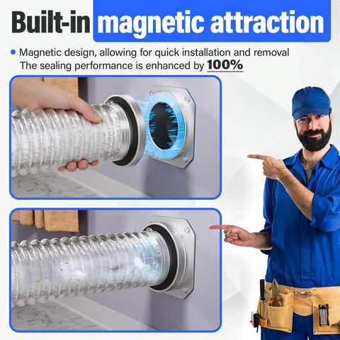 Magnetic Dryer Vent Connector Kit MV 180 showing built-in magnetic attraction for quick, easy installation in tight spaces.