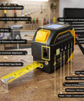 No Fuss 4 In 1 Laser Tape Measure With Slick 328ft Digital Distance Meter 16ft Autolock Tape showing features on a wooden table.