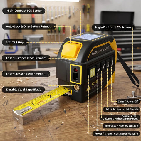 No Fuss 4 In 1 Laser Tape Measure With Slick 328ft Digital Distance Meter 16ft Autolock Tape showing features on a wooden table.