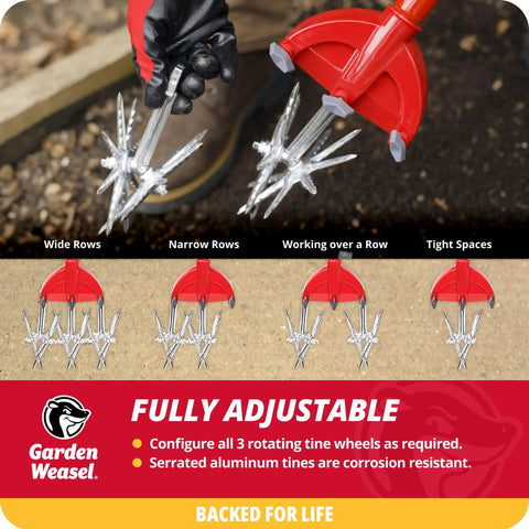 Rotary Cultivator With Detachable Tines And Long Handle For Aerating Soil, Weeding, Cultivating, And Lawn Reseeding in use