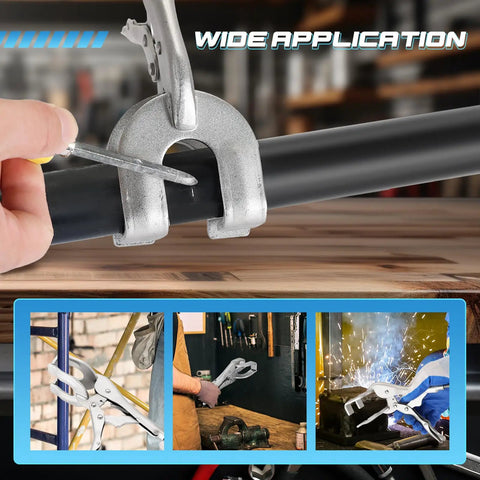 Heavy Duty 9 Inch Locking Pliers Set Two Pack Metal Welding Clamps with Quick Lock Release C Clamp holding metal pipe