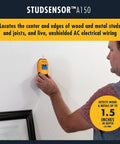 Man using Stud Finder And Wall Scanner with Wire Warning Detection And Signal Strength, Center And Edge Locator for wood studs
