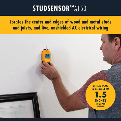Man using Stud Finder And Wall Scanner with Wire Warning Detection And Signal Strength, Center And Edge Locator for wood studs