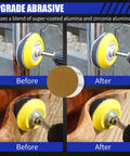 3 Inch Gold Sanding Discs Set For Drill Attachment showing before and after polishing on metal and wood surfaces.