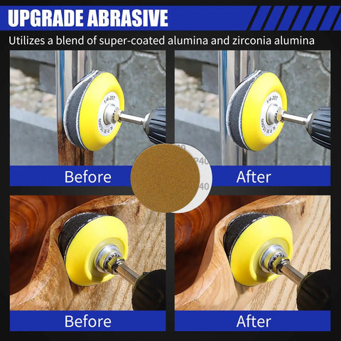3 Inch Gold Sanding Discs Set For Drill Attachment showing before and after polishing on metal and wood surfaces.