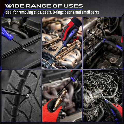 Rugged 17 Piece Pick And Hook Tool Set With Magnetic Pickup Bar Hella Tough Carbon Steel Auto Repair Kit displayed removing debris and clips.