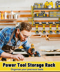 Power Tool Organizer Wall Mount With Hooks Drill Holder And Screwdriver Rack Built In Power Strip Pro Grade Heavy Duty Iron Three Layer Garage Storage Shelf For Workshop Shed Pegboard Basement Yellow mounted on workshop wall with tools organized