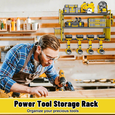 Power Tool Organizer Wall Mount With Hooks Drill Holder And Screwdriver Rack Built In Power Strip Pro Grade Heavy Duty Iron Three Layer Garage Storage Shelf For Workshop Shed Pegboard Basement Yellow mounted on workshop wall with tools organized