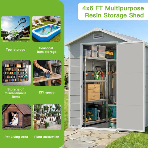 4x6 ft resin storage shed with floor, door open showing shelves and tools; sturdy outdoor resin storage shed 4x6 with floor, window, vent, rainwater drainage, lockable door, all weather plastic garden shed for yard, garden, poolside, lawn mower and seasonal items no fuss.