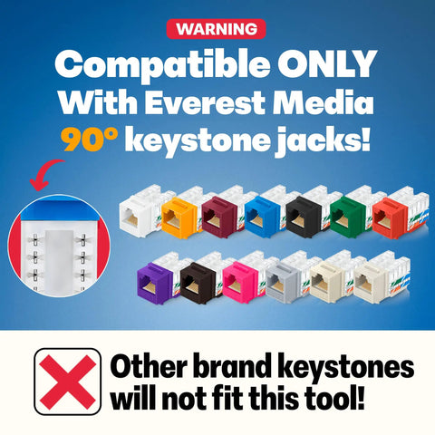90 Degree Angled Cat6 Keystone Punchdown Tool Set With 20 Pack RJ45 Slim Profile Keystone Jacks Blue And White One Hand Quick Termination Time Saver For Fast, Reliable Network Installations and compatibility warning with Everest Media 90° keystone jacks.
