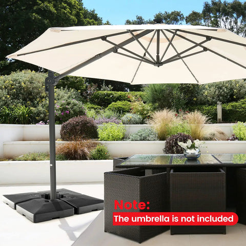 Fillable Offset Patio Umbrella Base Set For Cantilever Umbrellas supporting a large umbrella on a patio deck with plants.