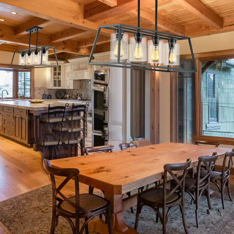 Dope Modern Farmhouse Linear Pendant Light Fixture With Glass Shade Four Light Black Steel Dining Room Chandelier Over Table