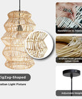 FOREVER BAMBOO Handwoven Indonesian Bamboo Pendant Light, 18 in H x 12 in W, ZigZag-shaped rattan light fixture.
