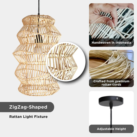 FOREVER BAMBOO Handwoven Indonesian Bamboo Pendant Light, 18 in H x 12 in W, ZigZag-shaped rattan light fixture.