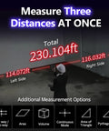 Dual Laser Distance Meter With Bluetooth App Connection measuring three distances at 230.104ft, 114.072ft, and 116.032ft displayed.