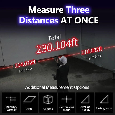 Dual Laser Distance Meter With Bluetooth App Connection measuring three distances at 230.104ft, 114.072ft, and 116.032ft displayed.