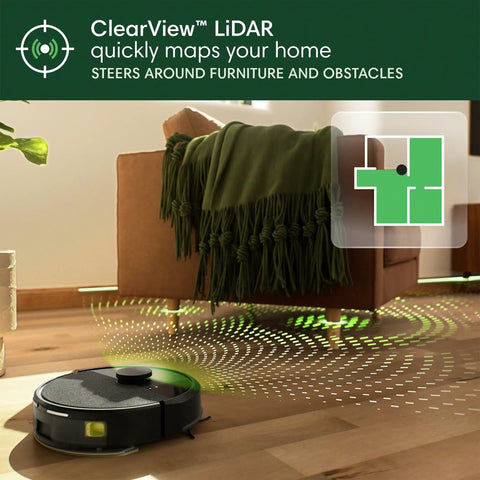 Combo Robot Vacuum And Mop With AutoEmpty Dock, showing LiDAR navigation near a couch on a wooden floor.