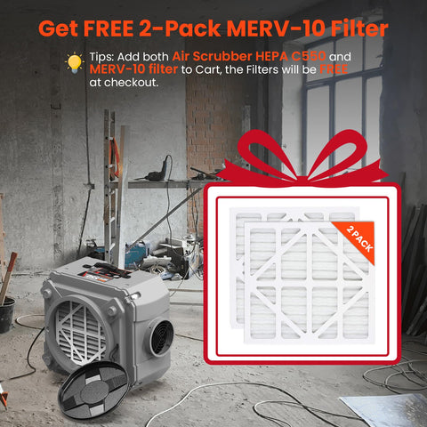 Air Scrubber Negative Air Machine With Three Stage Filtration And 16 Inch Inlet For Home Garage And Commercial Jobs 550 CFM HEPA And Activated Carbon Filters near two-pack MERV-10 filters in a workshop setting.