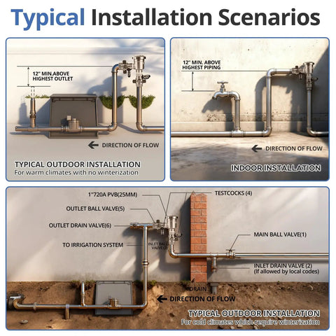 Installation scenarios with One Inch Solid Brass Backflow Preventer Valve For Lawn Irrigation And Garden Sprinklers
