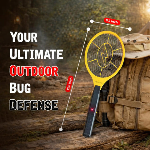 Electric Fly Zapper Racket Battery Operated Bug Killer Handheld Pest Control For Mosquitoes And Insects Indoor And Outdoor Use 44 Cm Long 17 Cm Wide Safe 3 Layer Mesh Design shown propped against a backpack outdoors.