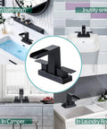 4 Inch Centerset Waterfall Bathroom Faucet With Two Handles, 3 Hole Basin Setup, Pop Up Drain With Overflow, Matte Black Finish