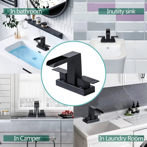 4 Inch Centerset Waterfall Bathroom Faucet With Two Handles, 3 Hole Basin Setup, Pop Up Drain With Overflow, Matte Black Finish