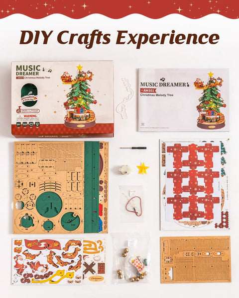 3D Puzzles For Adults Awesome Wooden Music Box Christmas Melody Tree 319 Piece Model Building Kit, pieces and box laid out