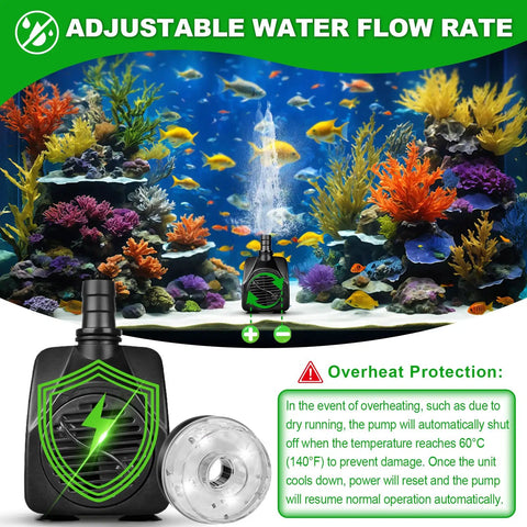 Submersible Pond Fountain Pump With Lit LED Lights, 15W 800 Liters Per Hour Flow, aquarium setup with coral and fish