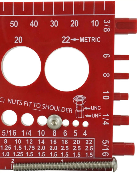 Tough As Nails 18-8 Stainless Steel Socket Button Head Screws measuring 2 inches with 8-32 threads displayed on a measurement tool.