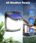 Outdoor Solar Motion Lights 128 LEDs 8 Pack, mounted on wall, showing IP65 waterproof, heat and frost resistance features