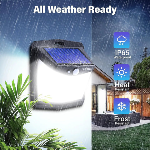 Outdoor Solar Motion Lights 128 LEDs 8 Pack, mounted on wall, showing IP65 waterproof, heat and frost resistance features