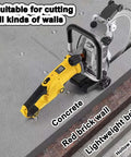 Supercharged Electric Concrete Circular Saw With Built In Water Fed Dust Suppression And Ring Diamond Blade Wall Chaser Masonry Cutter Slices Through Granite Stone Like Butter Quick Clean Cuts Up To Forty Nine Centimeters Deep Ac8600 cutting through various wall types, including concrete and brick.