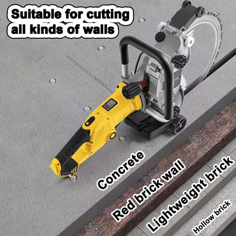 Supercharged Electric Concrete Circular Saw With Built In Water Fed Dust Suppression And Ring Diamond Blade Wall Chaser Masonry Cutter Slices Through Granite Stone Like Butter Quick Clean Cuts Up To Forty Nine Centimeters Deep Ac8600 cutting through various wall types, including concrete and brick.