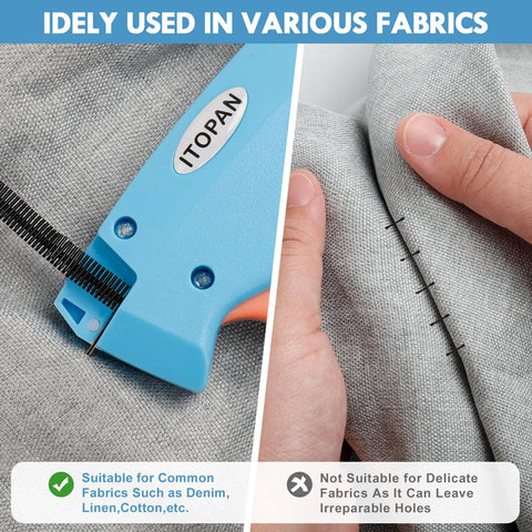 DIY Garment Stitch Gun For Quick Clothing Fixes with needle on gray fabric showing tag attachment