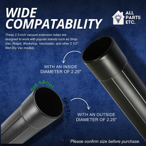 2.5 Inch Vacuum Extension Wands 19 Inch Long 2 Pack For Shop Vac Rigid Vacmaster Workshop And More Compatible With 2.5 Inch Attachments