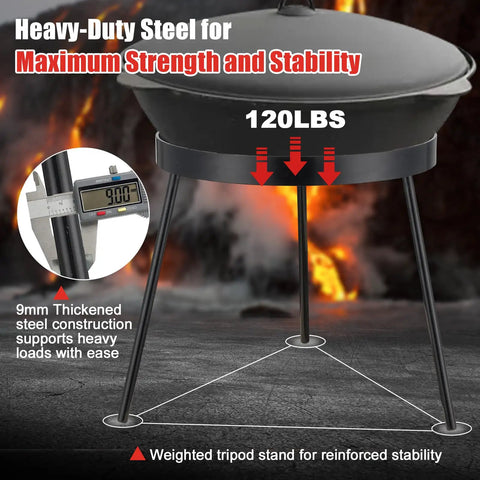 Beefy Campfire Tripod For Cooking Heavy Duty Outdoor Fire Pit Stand Portable Cast Iron Tripod With Dutch Oven In Use