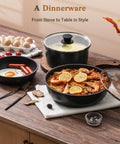 15 Piece Nonstick Pots And Pans Set With Detachable Handles, displayed with food, emphasizing induction compatibility and style.