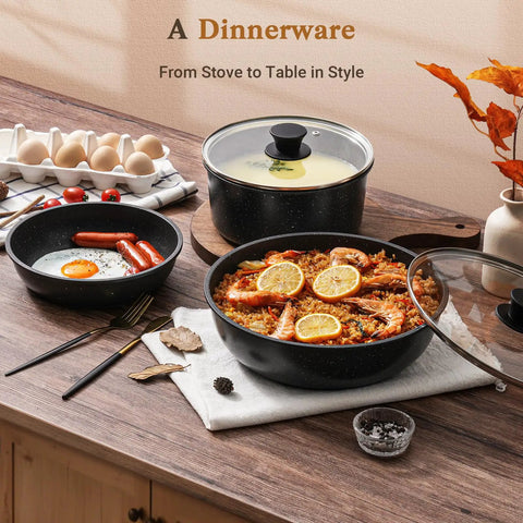 15 Piece Nonstick Pots And Pans Set With Detachable Handles, displayed with food, emphasizing induction compatibility and style.