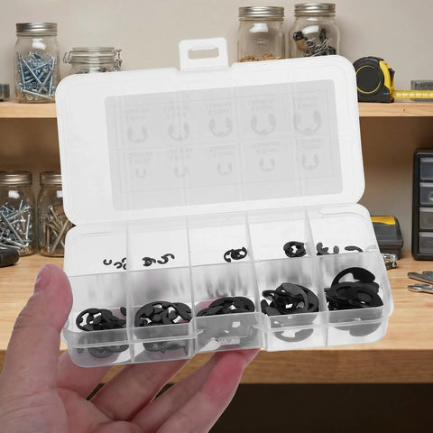 120 Piece Black External Retaining Ring Kit M1.5 To M10 With Open Design Beryllium Bronze Snap Ring Assortment in clear box on shelf