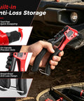 No Brainer One Hand Pop Rivet Gun With Quick Swap Nosepiece And Lockdown Storage Built For Rough Auto Fabrication and Sheet Metal Repair. Close-up of ergonomic handle showing anti-loss storage.