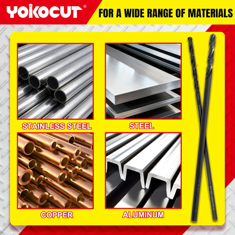 1/4 Inch By 8 Inch Long Drill Bit With Black Oxide Coating And Cobalt Alloy, Aircraft Extension Bit for multiple materials display.