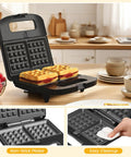 Awesome 3 in 1 Electric Sandwich Maker With Panini Press Grill And Waffle Iron Set showcasing waffles in nonstick plates.