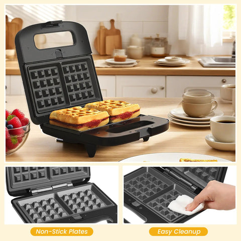 Awesome 3 in 1 Electric Sandwich Maker With Panini Press Grill And Waffle Iron Set showcasing waffles in nonstick plates.